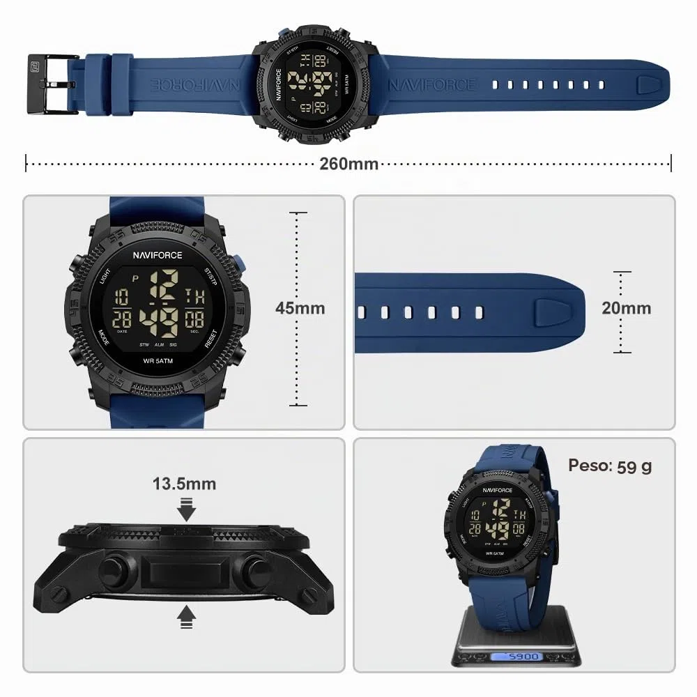Naviforce Orologio digitale sportivo impermeabile da uomo con cronometro, allarme, cinturino in gomma, orologio da polso per donna