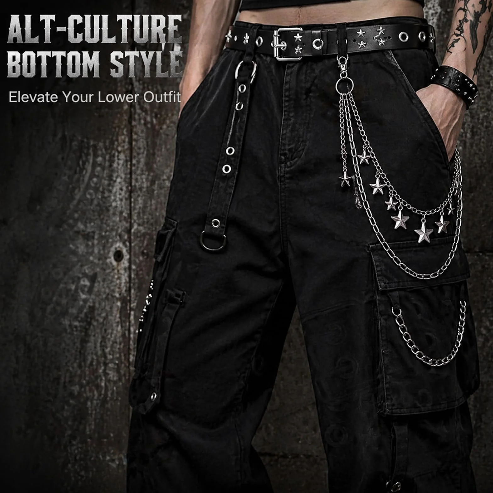 10 Pz Set di Accessori Unisex Y2K Include Cintura con Stampa Stella, Set di 7 Bracciali, Collana Goth Nera e Cintura in Metallo per la Vita - Pelle Nera - Stile Grunge Alt Emo