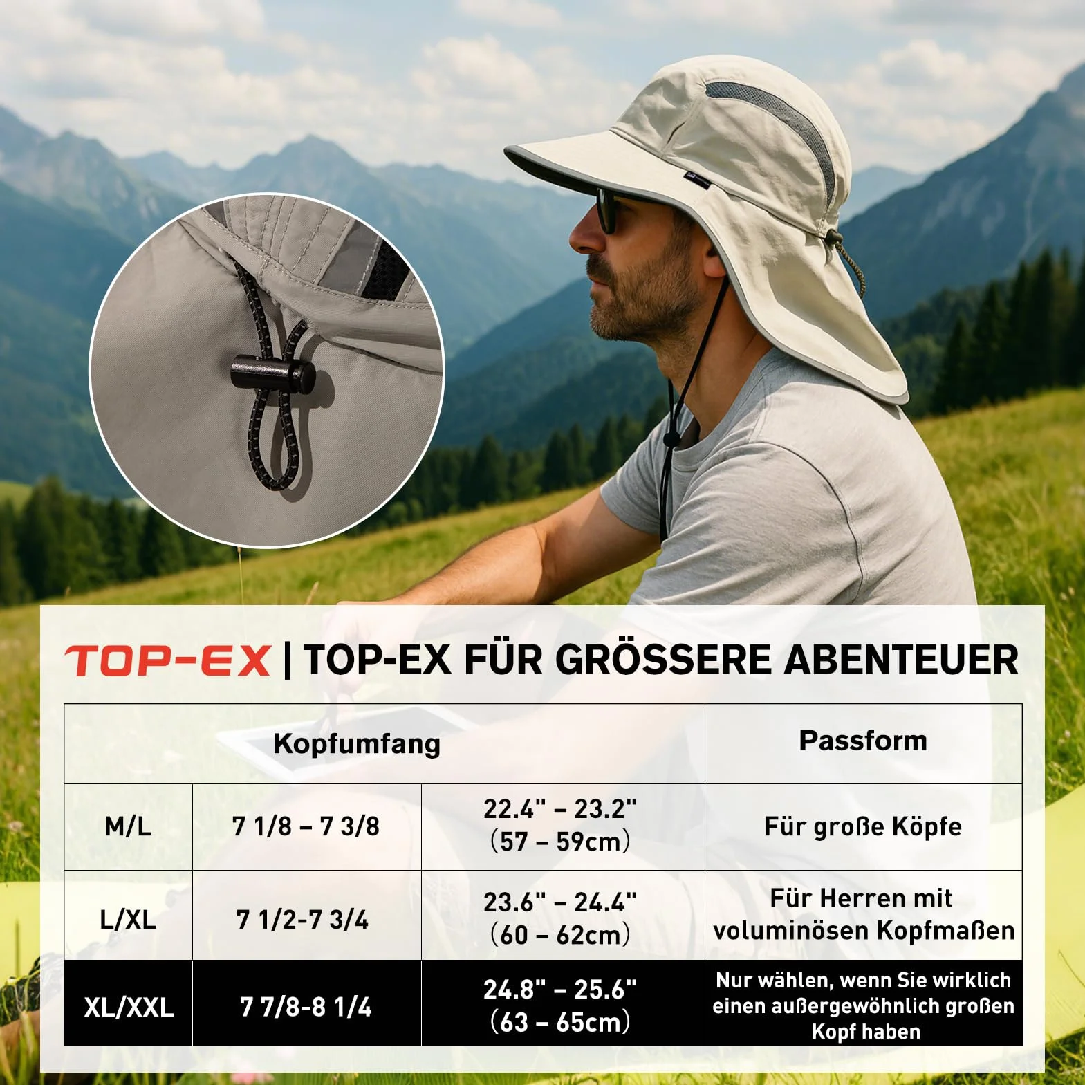 TOP-EX XL/XXL, cappello da sole unisex da uomo, a tesa larga, con protezione per il collo, porta occhiali da sole, cappello estivo, impermeabile e pieghevole