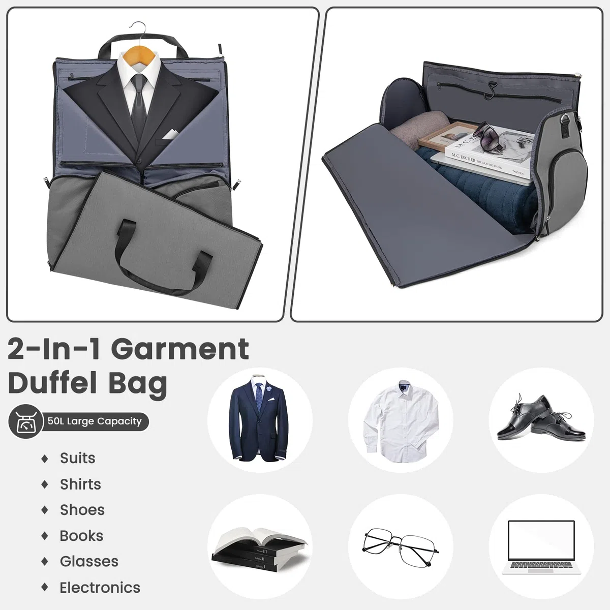 GIANTEX Borsa da trasporto 2-In-1 convertibile con tasca per scarpe, borsa da viaggio per viaggi d’affari/fine settimana/palestra 50L per uomini donne (Grigio Scuro)