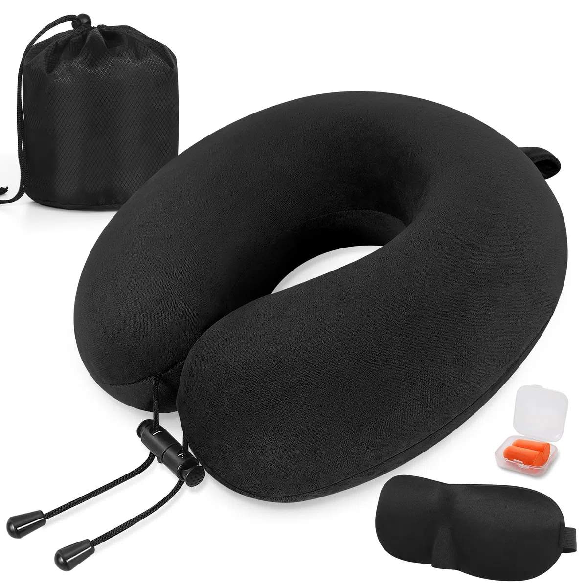Cuscino da viaggio, Cuscino collo in memory foam, Cuscino di supporto, Cuscino Cervicale da Viaggio per Auto, Viaggio con Maschera per gli Occhi e Tappi per le Orecchie, Borsa da Viaggio (Nero)