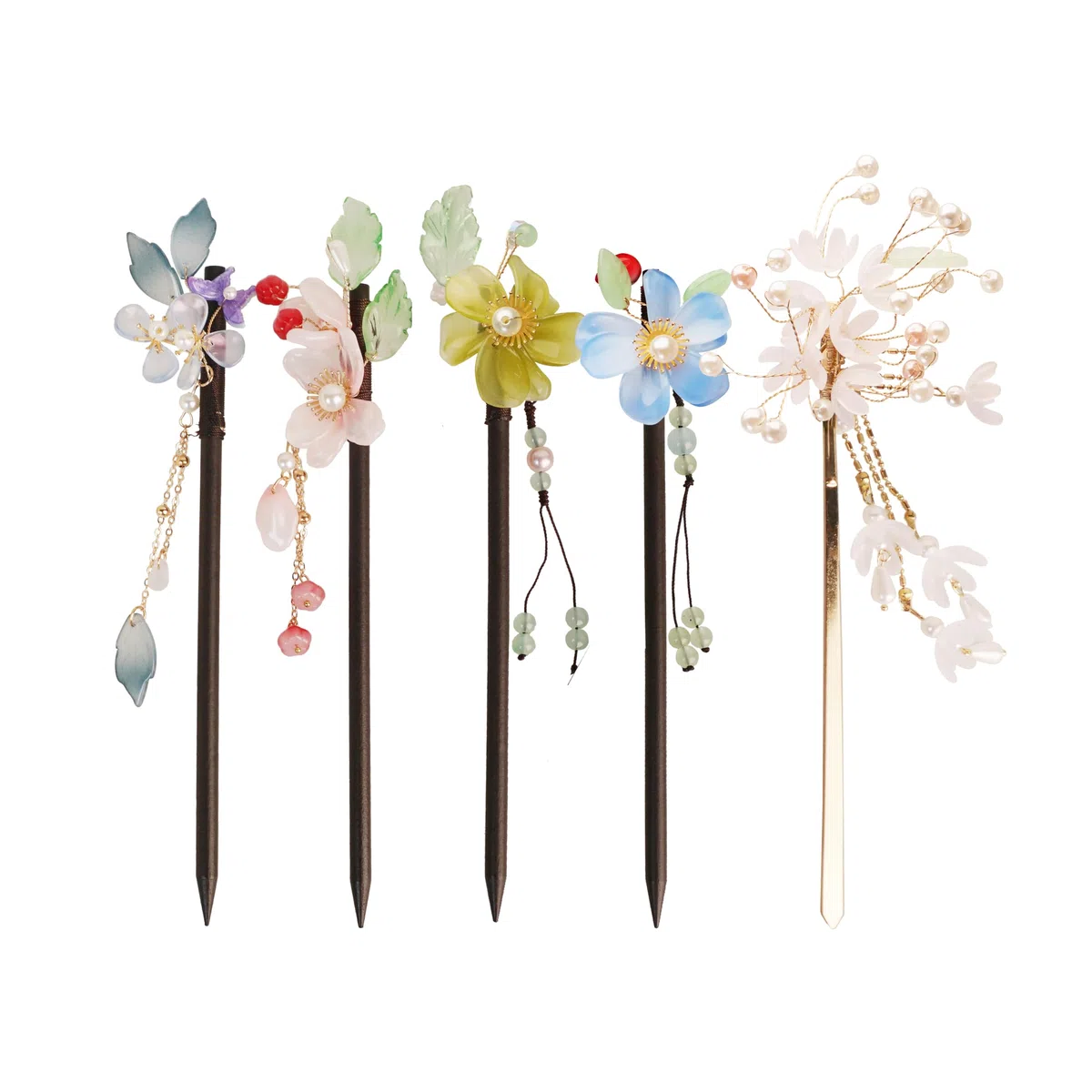 Set di forcine asiatiche con decorazioni floreali, 5 bacchette per capelli in legno e metallo, 18 cm