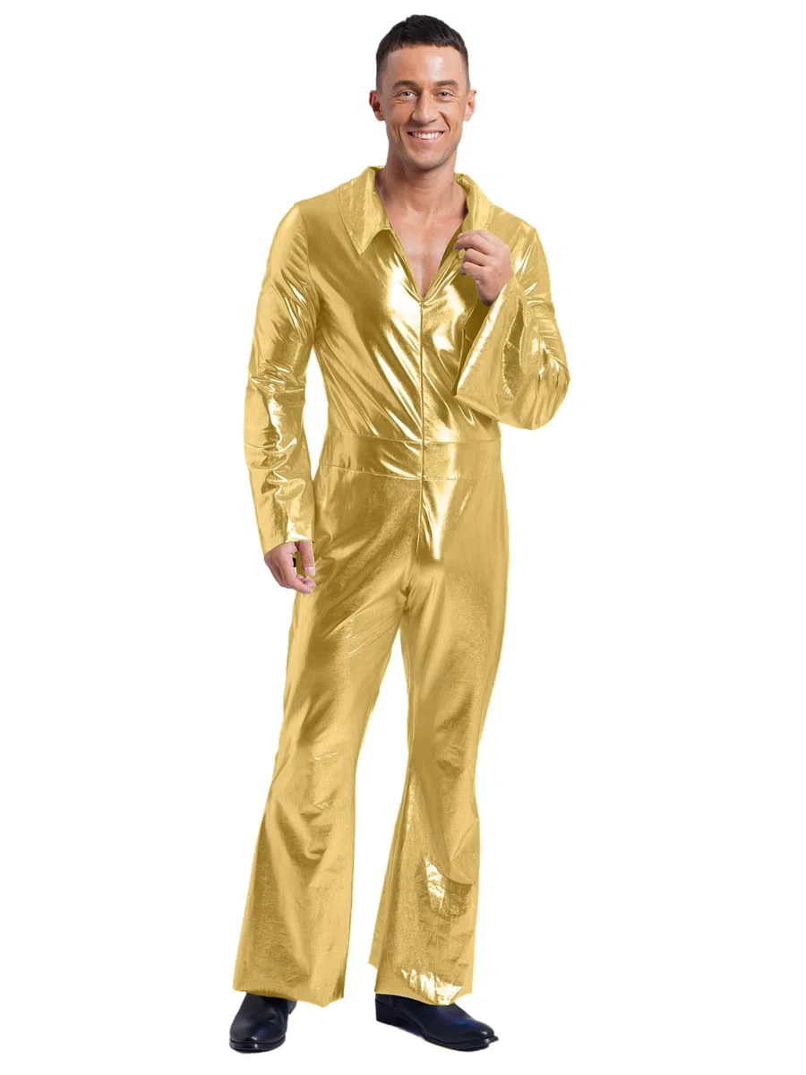 70s Disco Outfit Uomo Glitter Metallic Jumpsuit Lunga Tuta Stretch Flare Pantaloni Gamba Larga Olografica Festival Outfit