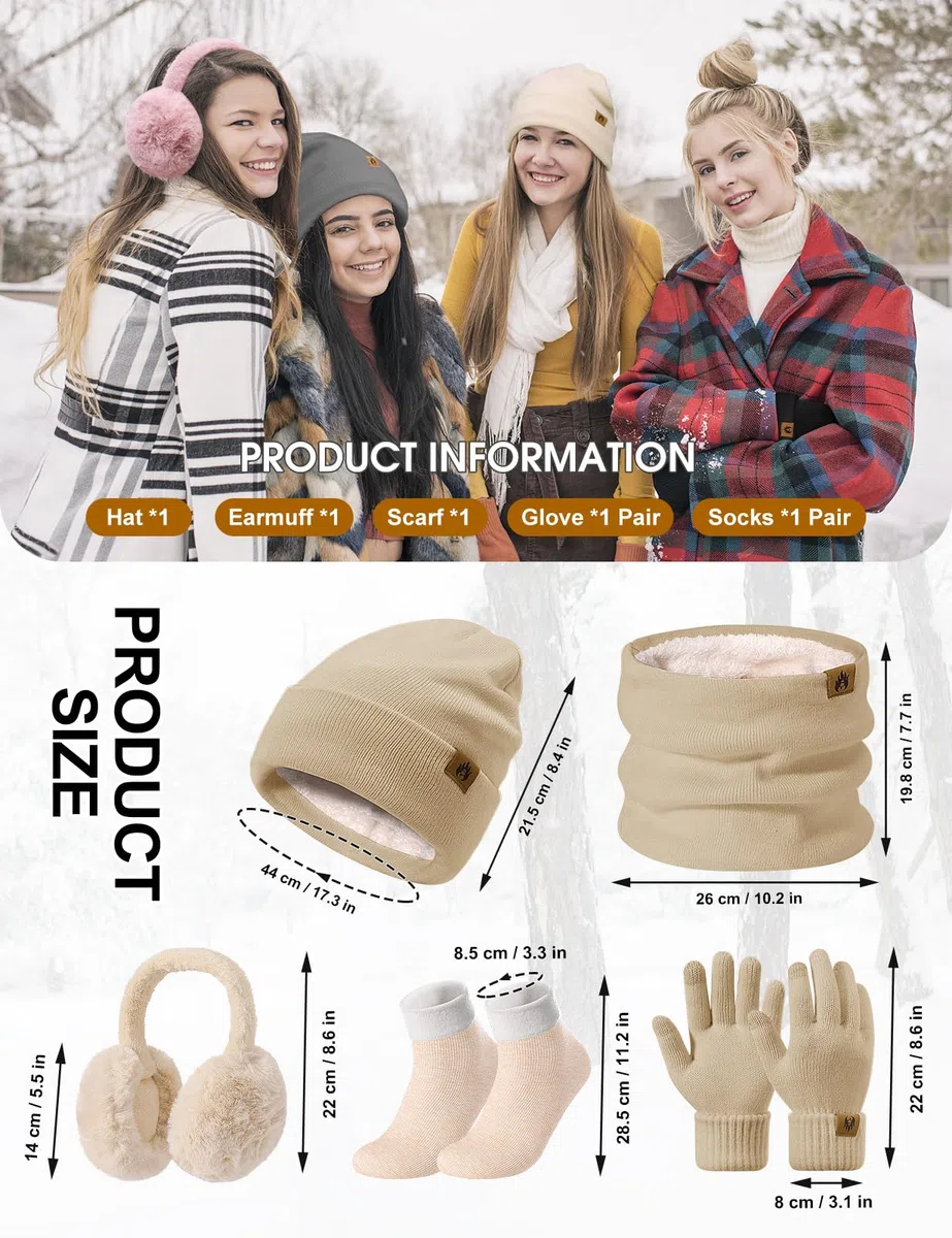 UMIPUBO Cappello e Sciarpa Donna Set Invernali Touch Screen Guanti Paraorecchie Peluche di Calze Caldo Scaldacollo Termico Berretto in Pile Beanie Hat 5 Pezzi Accessori Invernale
