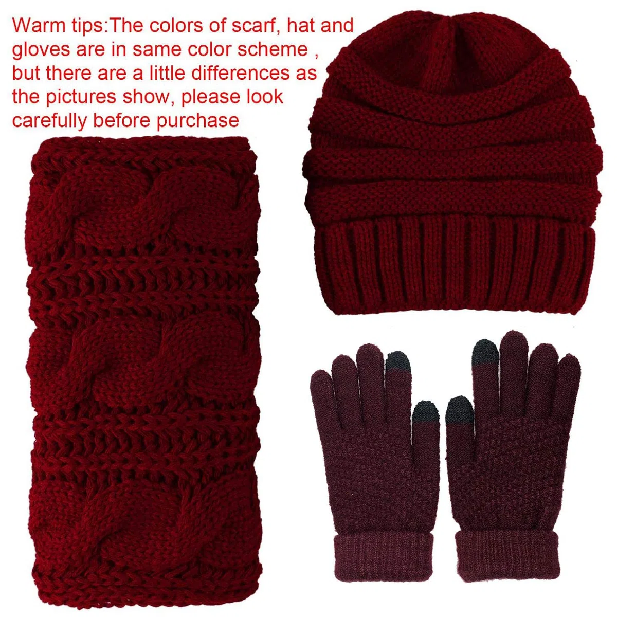 CheChury Cappelli Sciarpa Guanti Set Invernale da Donna Berretto a Maglia Berretto con Apertura Capelli Guanti Touch Screen Invernali Moda Sciarpa 3 Pezzi