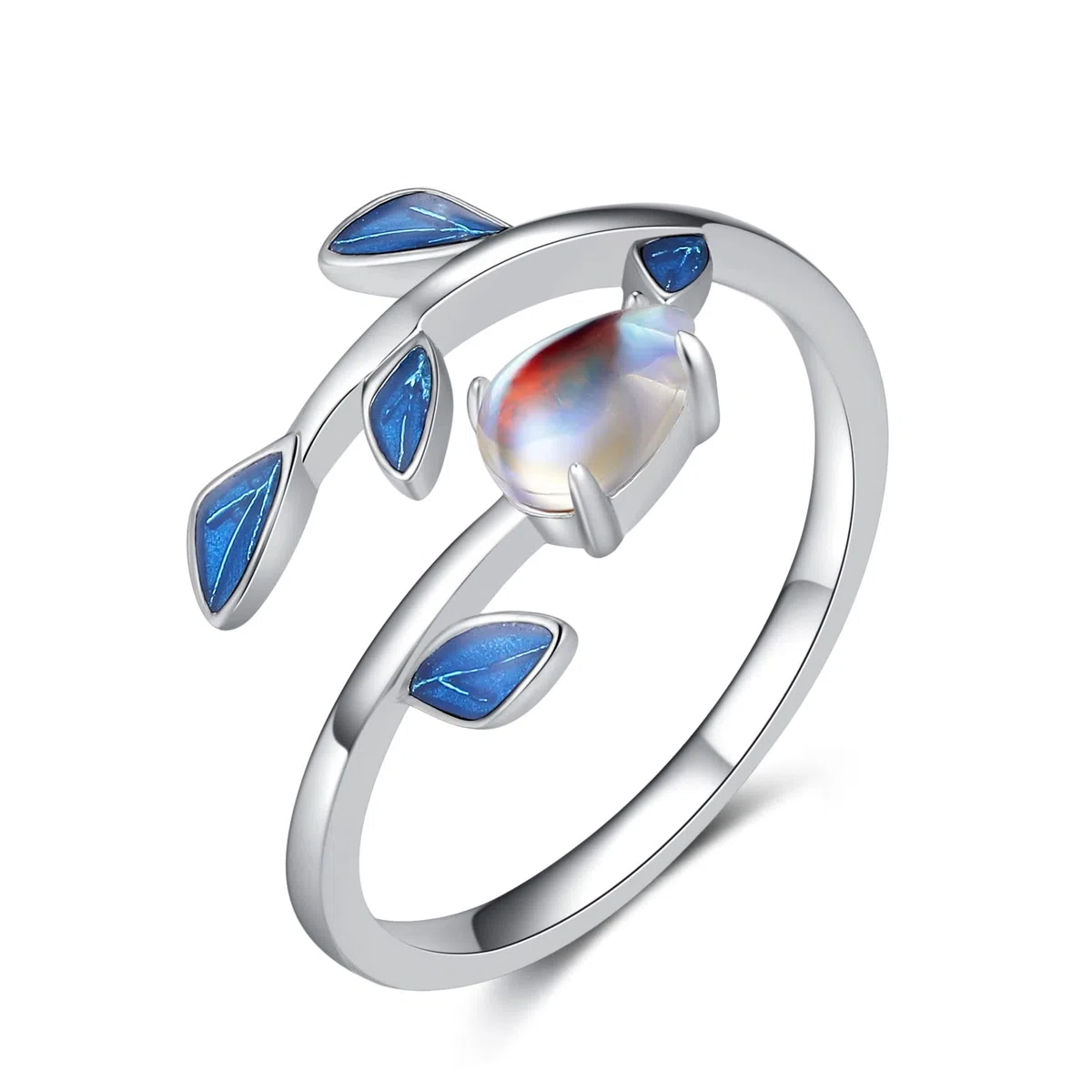 Qings Anello Pietra di Luna Argento Sterling 925 Regolabile Aperto Ovale Arcobaleno Moonstone Foglia Anelli per Donne Ragazze