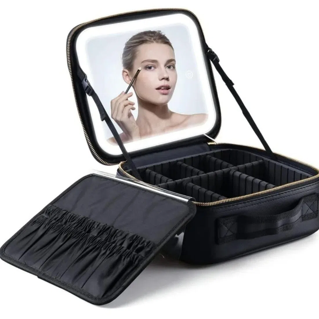 GLAMANIA - Beauty case portatile per trucco, da donna, con specchio, borsa per trucchi, trousse con specchio, borsa per cosmetici con specchio, borsa da viaggio, schwarz, 27 x 25 x 11 cm, Moderno