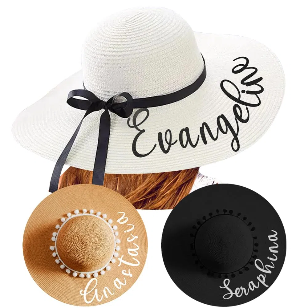 Cappello da sole da donna, con nome personalizzato, cappello di paglia pieghevole, protezione UV 50+, cappello fatto a mano, regalo per luna di miele/vacanza
