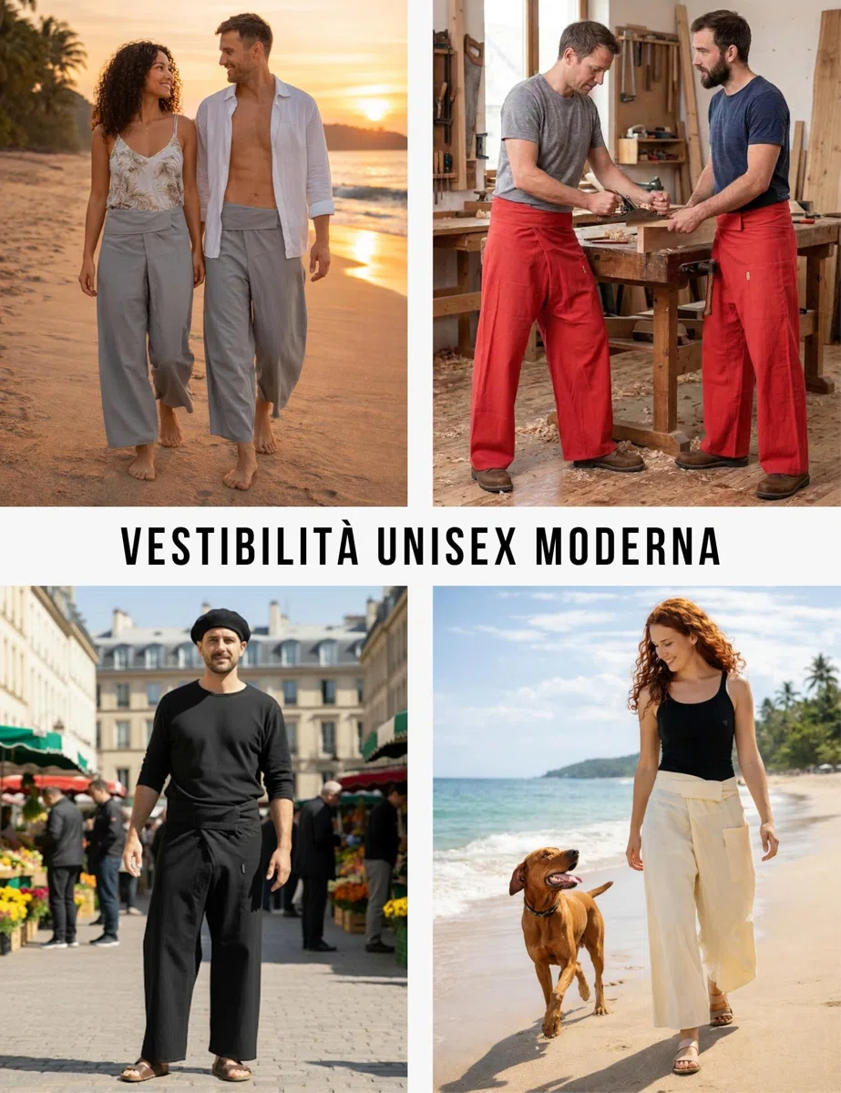 PANASIAM Pantaloni Pescatore Thailandesi in Cotone per Donna e Uomo - Pantaloni Thailandesi Larghi Unisex con vestibilità Regolabile in 2 Lunghezze - Ideali per Yoga e Arti Marziali