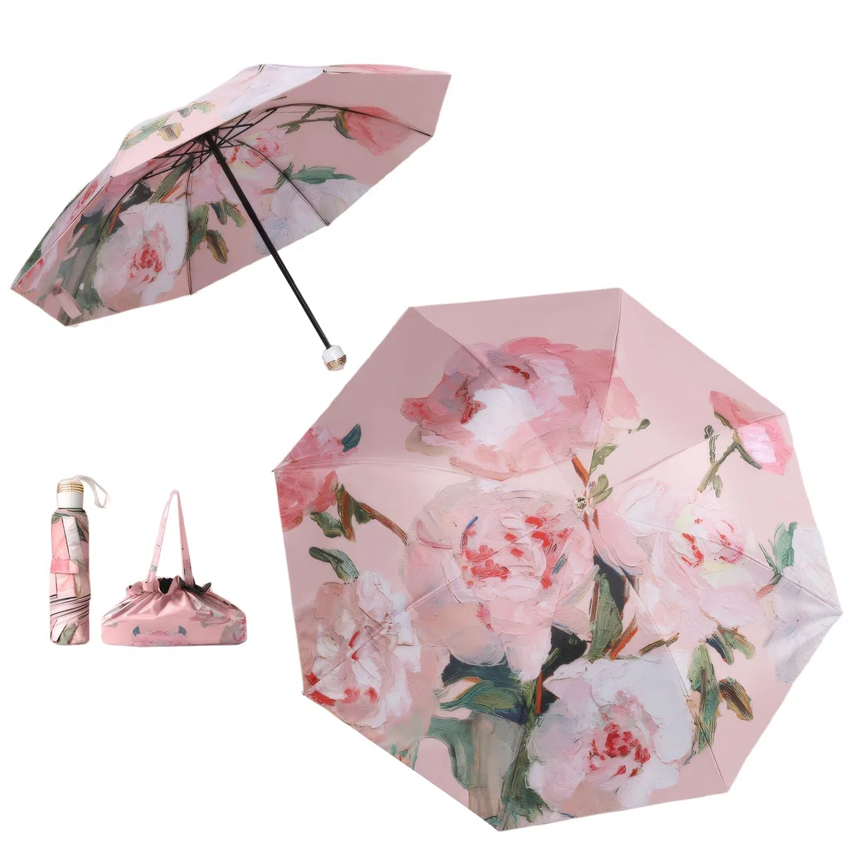 UPF50+ Ombrello con una borsetta Protezione UV Portatile Leggero Impermeabile Doppio Strato Parasole Migliorato Antivento Retro Classico Fiore Vintage Stile Donna Viaggio