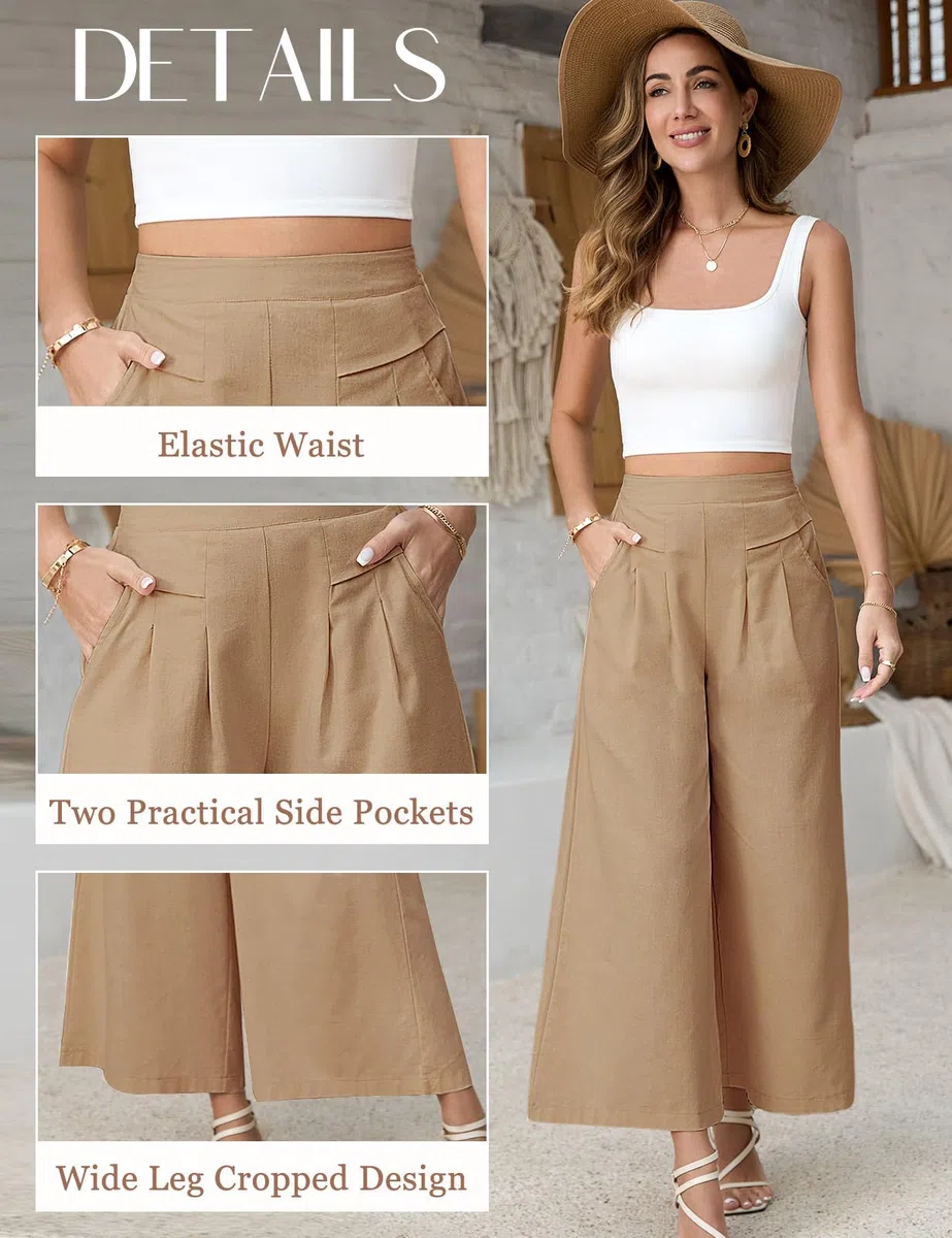 Pantaloni Donna Pantaloni Estivi 7/8 Pantalone Gamba Larga Leggeri Larghi Pantaloni Elastici in Vita con Tasche Tinta Unita Casual Pantaloni Donna Comodi