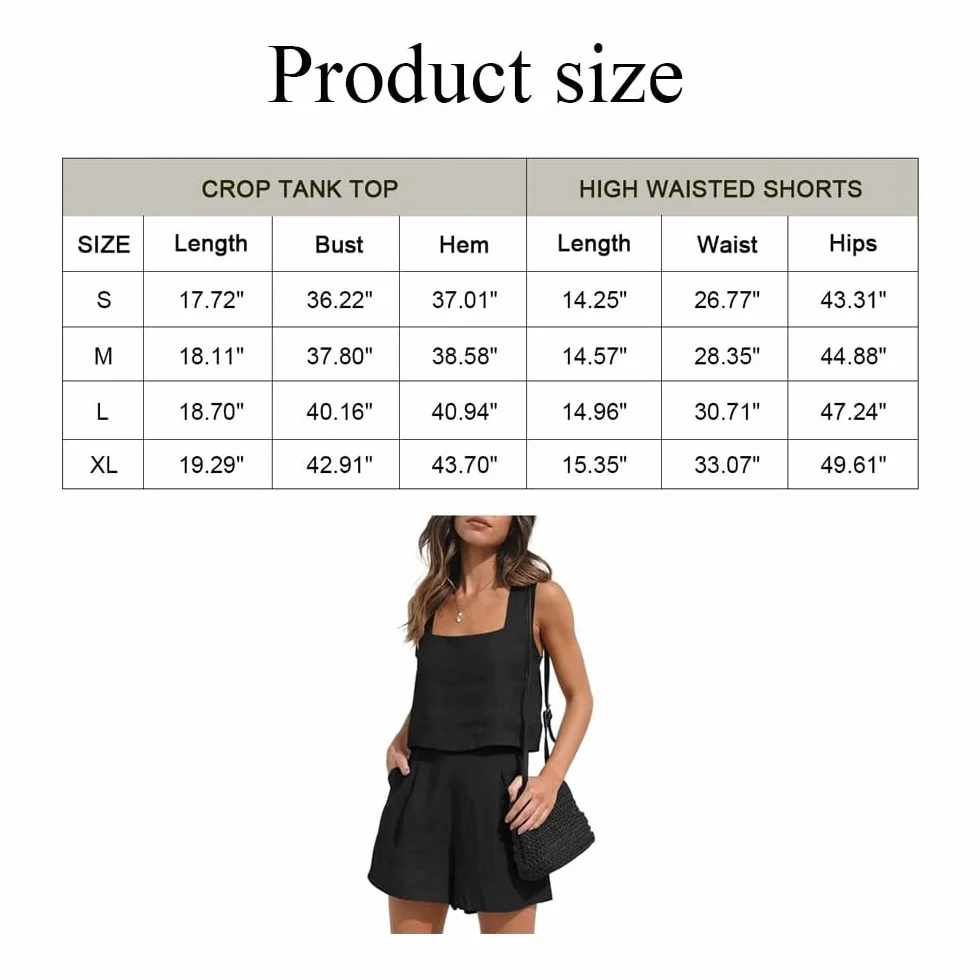 Completo Lino Donna 2 Pezzi Senza Maniche Collo Quadrato Canotta Lino e Vita Alta Pantaloncini Elegante Tuta Casual Estiva Completi per Spiaggia Vacanza Nero