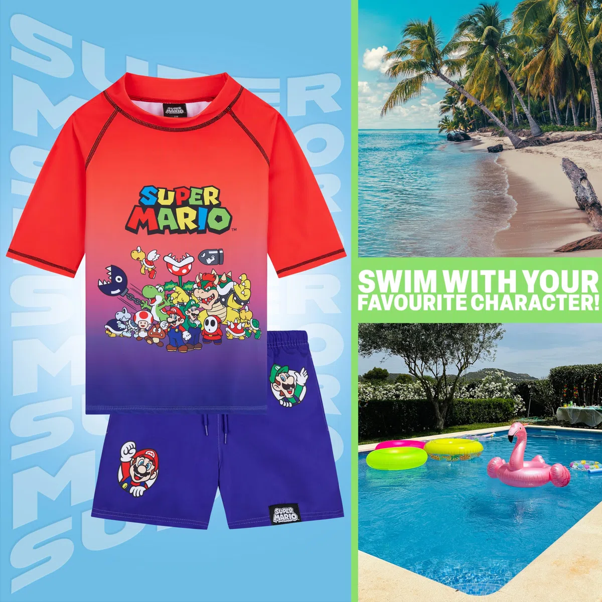Get Trend Super Mario - Costume da bagno per ragazzi, 2 pezzi, a maniche corte, rash guard e costume da bagno, UPF 50+, accessori per piscina e spiaggia