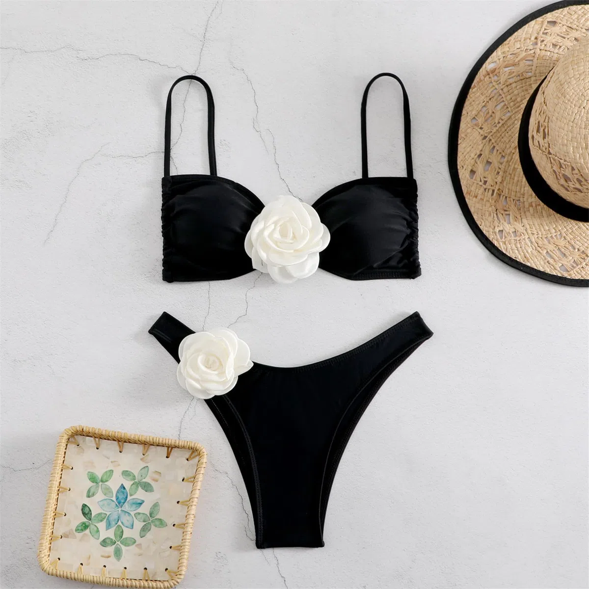 Costumi da bagno da donna a due pezzi con fiori 3D, taglio alto, push-up, costumi da bagno con spacco, per costumi da bagno da spiaggia