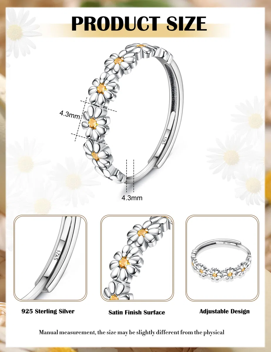 Milacolato Anelli Donna Argento 925 Anello Margherita Giallo/Rosa Zircone Cubico Anello Aperto Regolabile Sottile Statement Anelli da Dito Anello d'Argento Anelli per Pollice Donna Ragazze