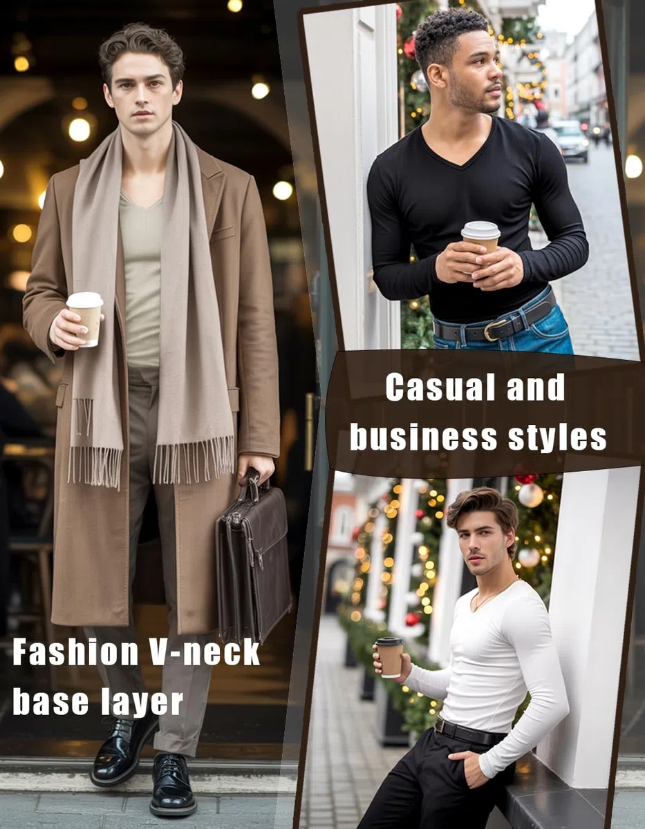 Lehmanlin Maglie Termiche da Uomo a Maniche Lunghe,Intimo Termico Uomo,Maglietta Basica con Scollo a V per Autunno e Inverno, Maglia Termica a Doppia Maglia