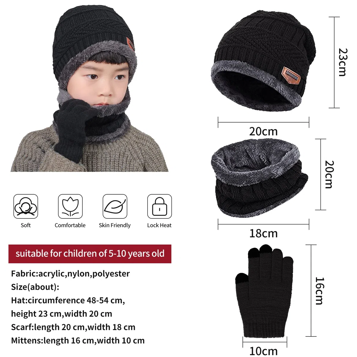 Cappello Bambini Invernale Berretto Guanti Sciarpa Bambino Scaldacollo Termico Cappello a Maglia Beanie Foderato in Pile Guanti Touchscreen per Ragazzi Ragazze 5-10 Anni