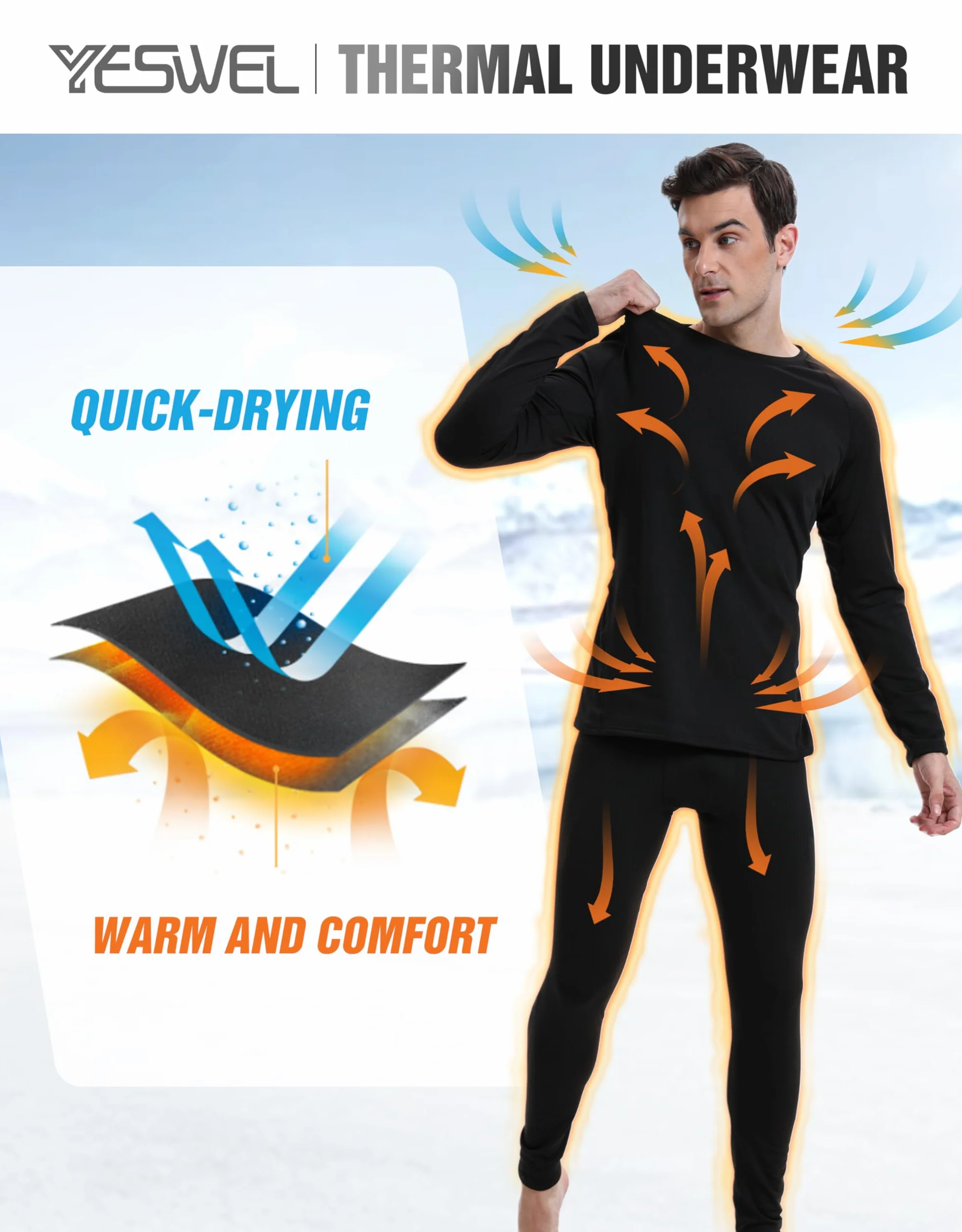 YESWEL Maglia Termica Uomo, Set Intimo Termico Uomo in Felpa Interna, Biancheria Termica Nero per Calcio Sci Ciclismo Escursionismo (M-2XL)