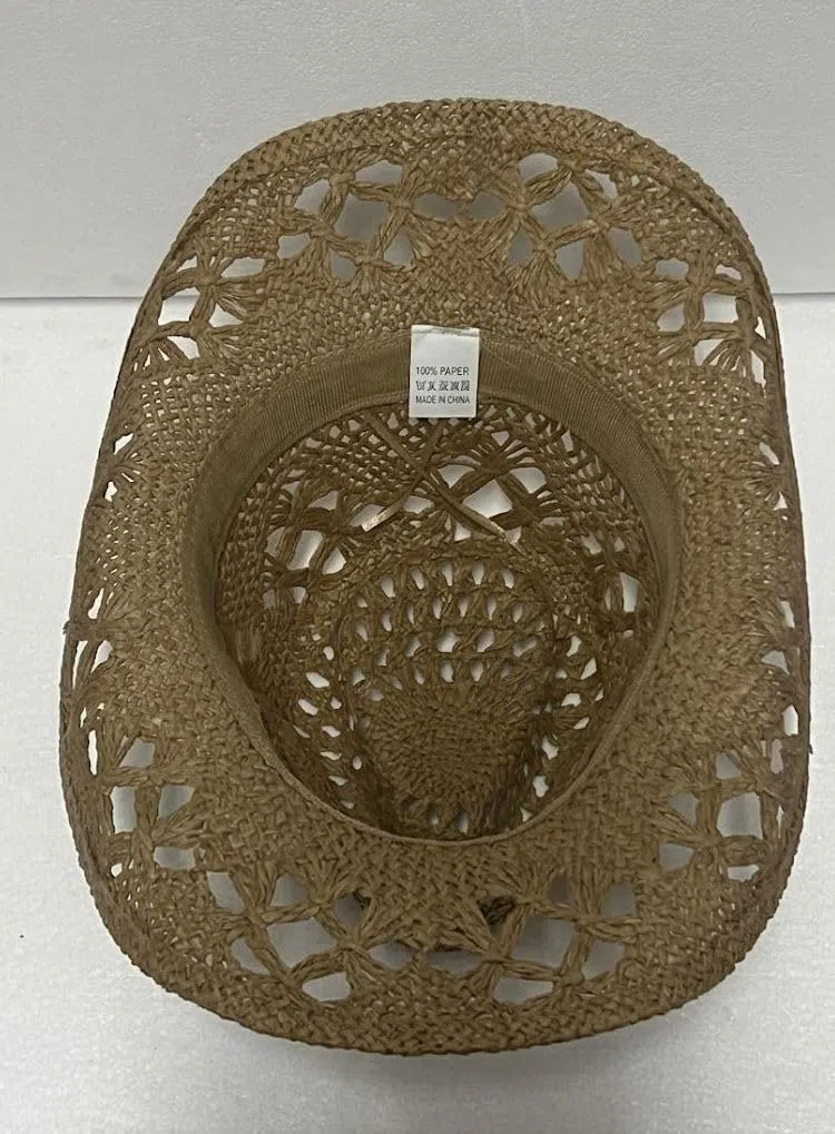 Cappello da Cowboy in Paglia Marrone Chiaro per Donna e Uomo - Cappello Western Estivo Traforato a Tesa Larga per Spiaggia e Viaggi V002