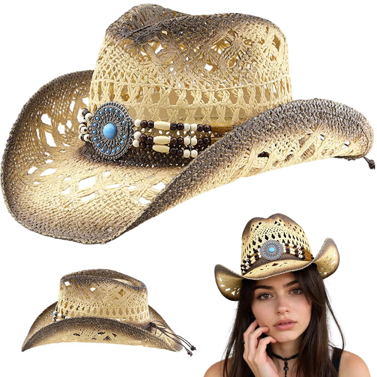 Cappello da Cowgirl in Paglia con Fasce Decorative, Cappello da Cowboy in Paglia Western con Tesa Modellabile per Donna Uomo Sole da Spiaggia
