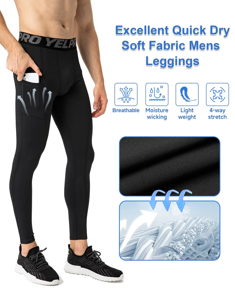 Yuerlian Leggings a compressione da uomo, leggings da corsa, pantaloni da palestra con tasche, freschi e asciutti, per allenamento, sport, palestra, yoga, calcio, ciclismo