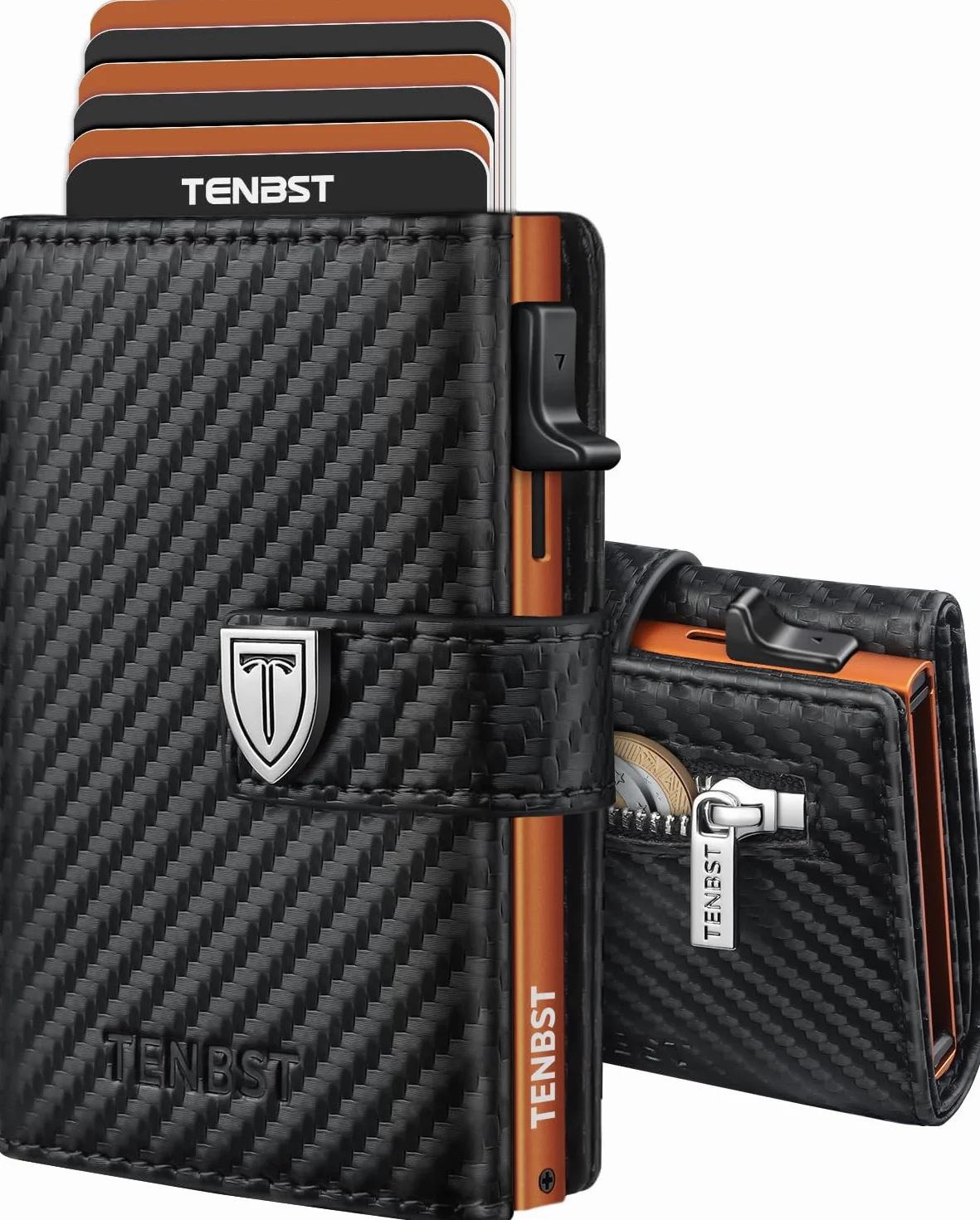 TENBST Portafoglio Uomo - Ultrasottile Pochette Uomo con Tasca Portamonete & Protezione RFID, Porta tessere piccolo premium, Porta carte di credito di lusso per 10 carte di credito (Nero & Arancione)