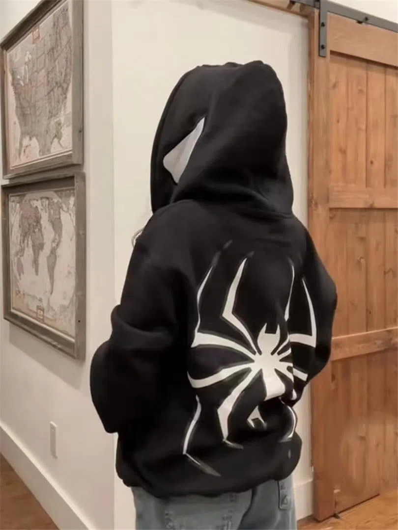 Felpa con Cappuccio Oversize Spider da Uomo Grunge Vintage Y2K Clothes Full Zip Spider Web Printing Vintage Gothic Sweatjacke Unisex