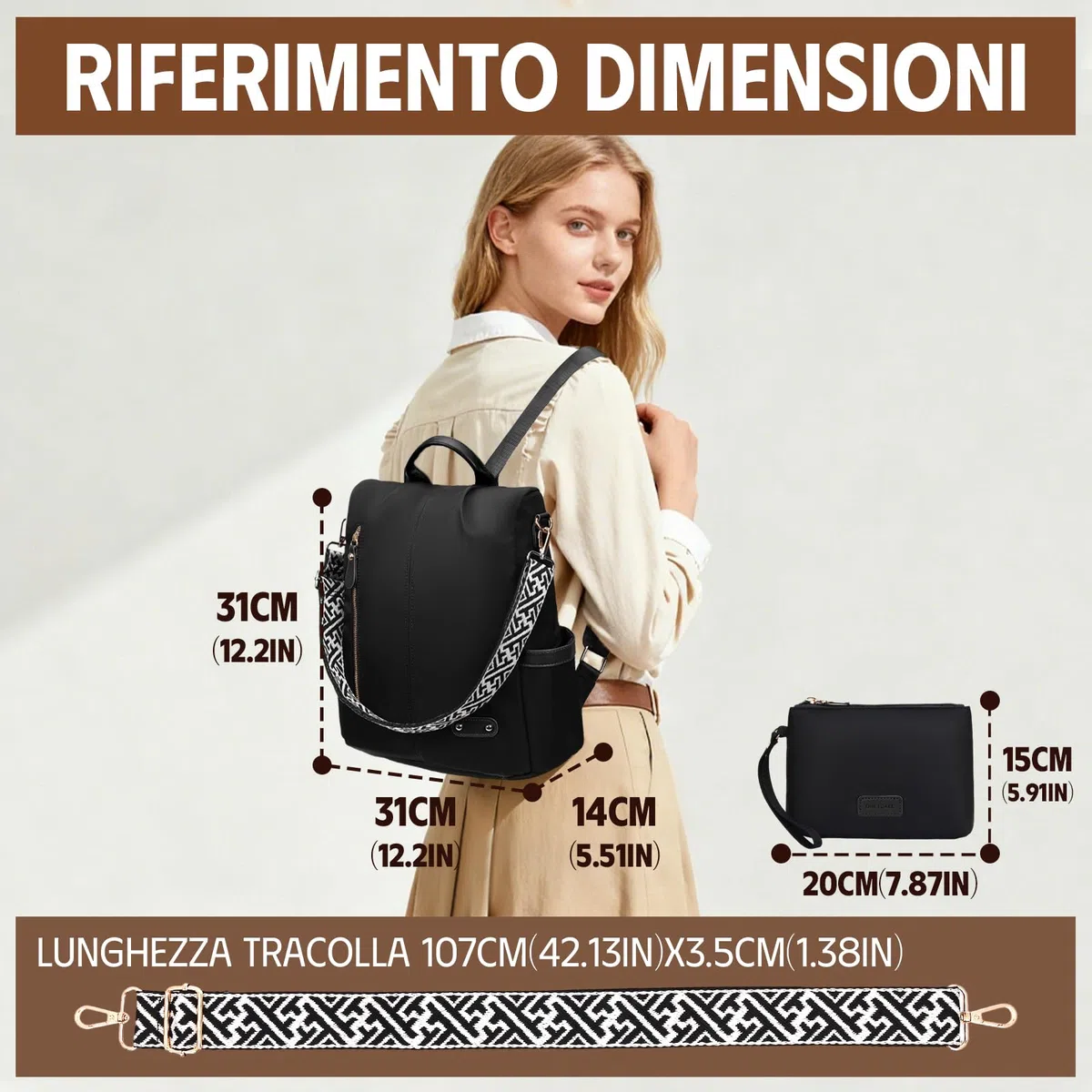 Zaino Antifurto Donna, Borsa Zaino Donna Elegante, Zainetto in Nylon, Zaini Piccola Casual Impermeabile con Custodie RFID, Convertibile da Spalla, Mano e Tracolla per Lavoro Viaggi Sportivo Scuola