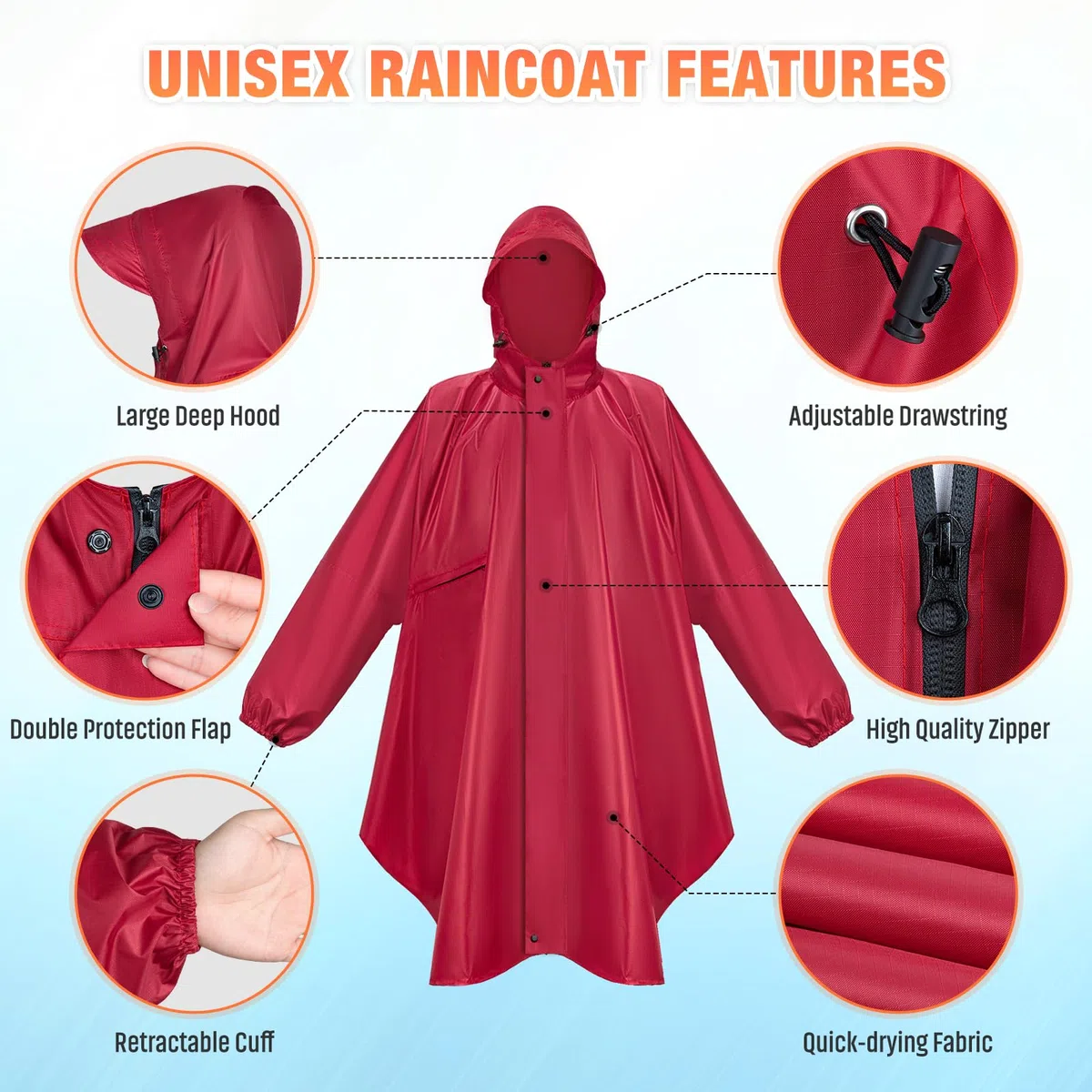 LUROON Poncho Antipioggia Impermeabile Donna Uomo con Maniche e Tasca, Riutilizzabili Mantella Antipioggia, Impermeabile Portatile con Cappuccio Strisce Riflettenti per Adulto Per Escursionismo Viaggi