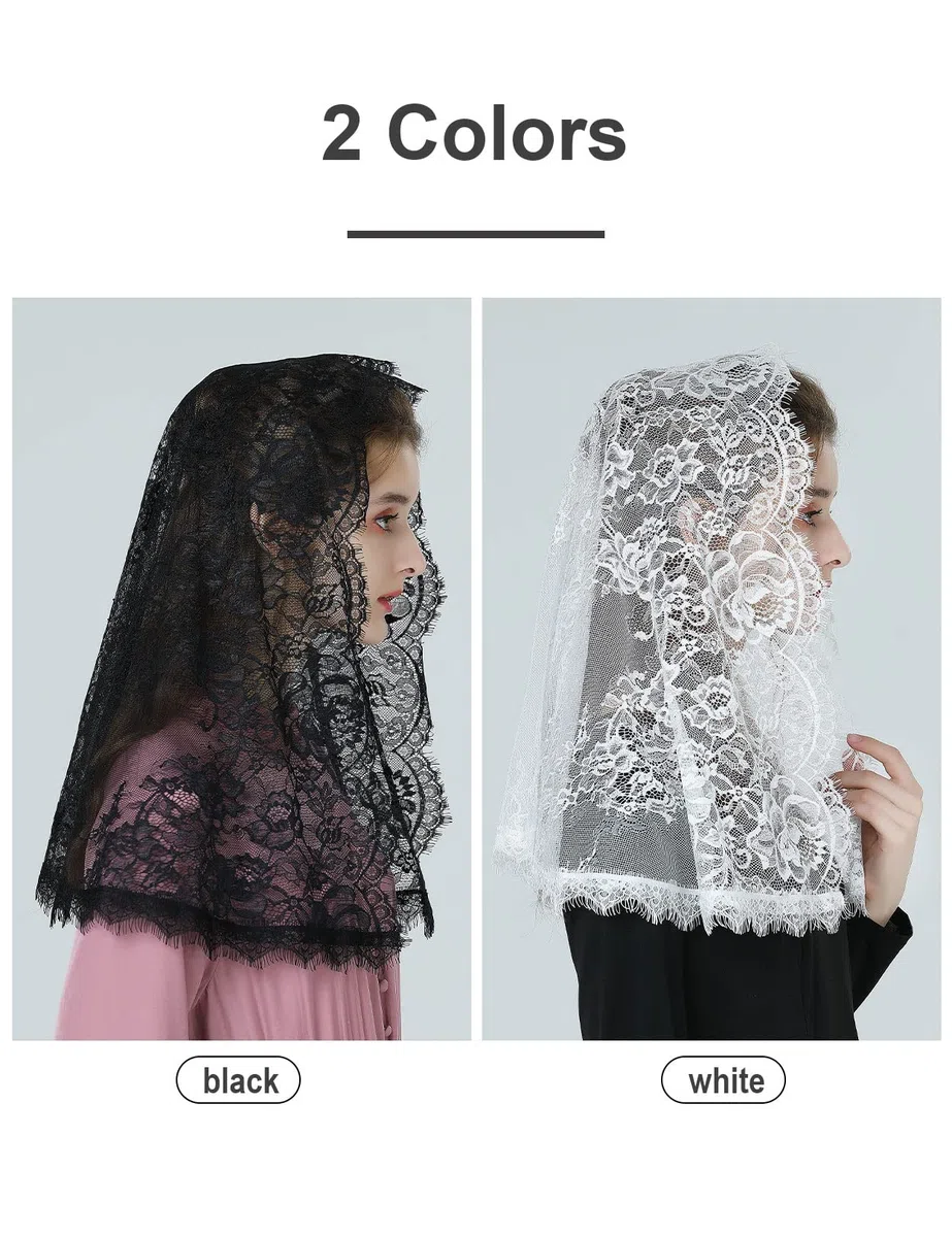 BEAUTELICATE Velo di Pizzo Chiesa Velo da Sposa Mantilla Velo Cattolica Sciarpe Scialle di Pizzo Copricapo Foulard Messa In Latino Nero Bianco V114