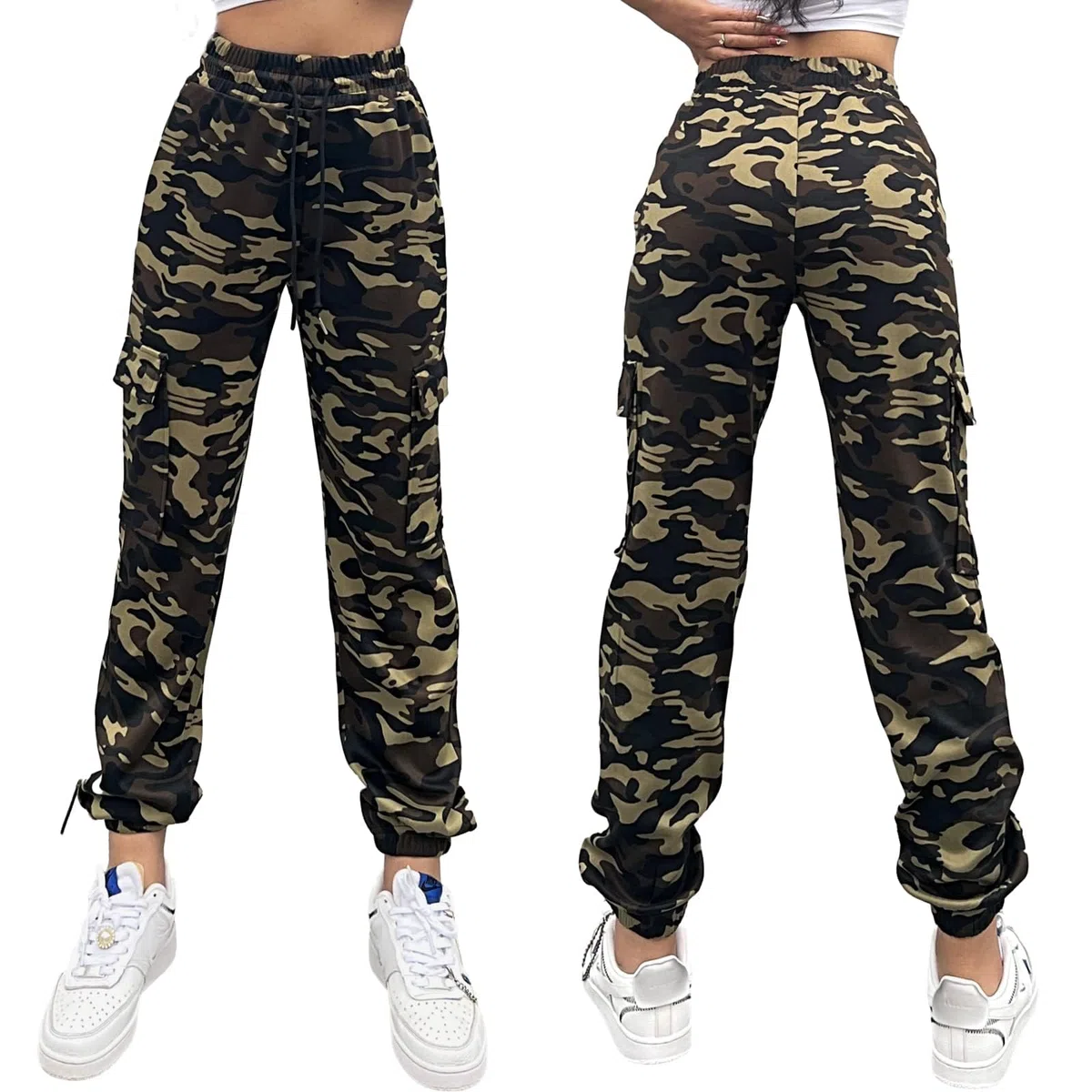 Nuofengkudu Harem Pantaloni della Tuta da Donna Mimetici Elastico Vita Alta Coulisse Tasche alla Caviglia Laterali Petite Cargo Joggers Leggeri Sportivi Jogging Pants