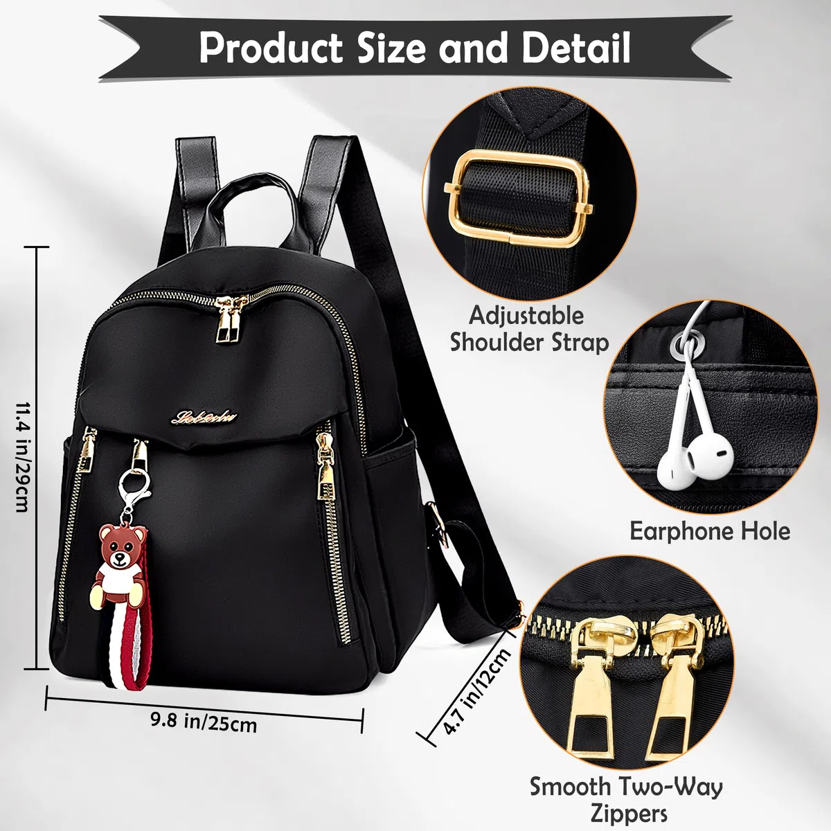 Zaino Donna Antifurto, Casual Borsa Tracolla Moda Zainetto Ragazza Leggero Impermeabile Viaggio Daypack Regolabile Piccolo Spalla per Scuola Lavoro Shopping Trekking, Nero