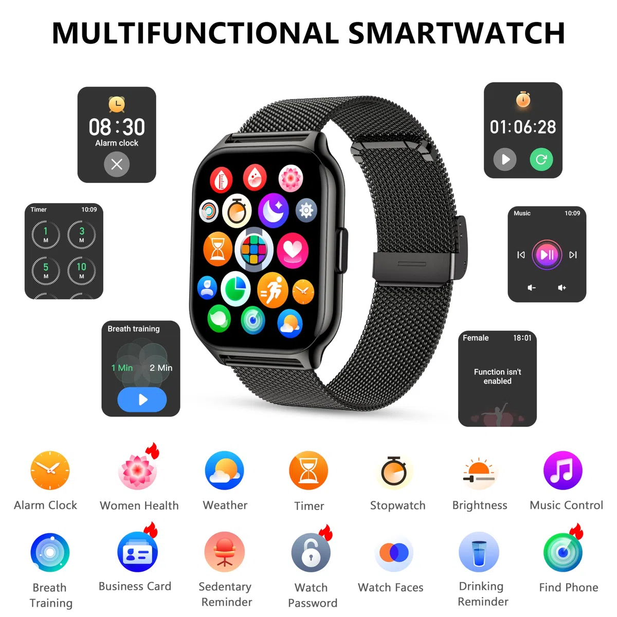 Smartwatch Uomo Donna,2.01" Fitness Orologio Effettua/Rispondi alle Chiamate,Monitoraggio SpO2/Sonno/Frequenza Cardiaca 100+ modalità Sportive Pedometro
