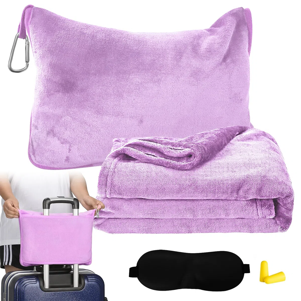 Coperta da viaggio ultraleggera calda, cuscino di trasformazione 2 in 1, coperta da viaggio aereo, gadget da viaggio con maschera per dormire e tappi per le orecchie, coperta da viaggio, per viaggi