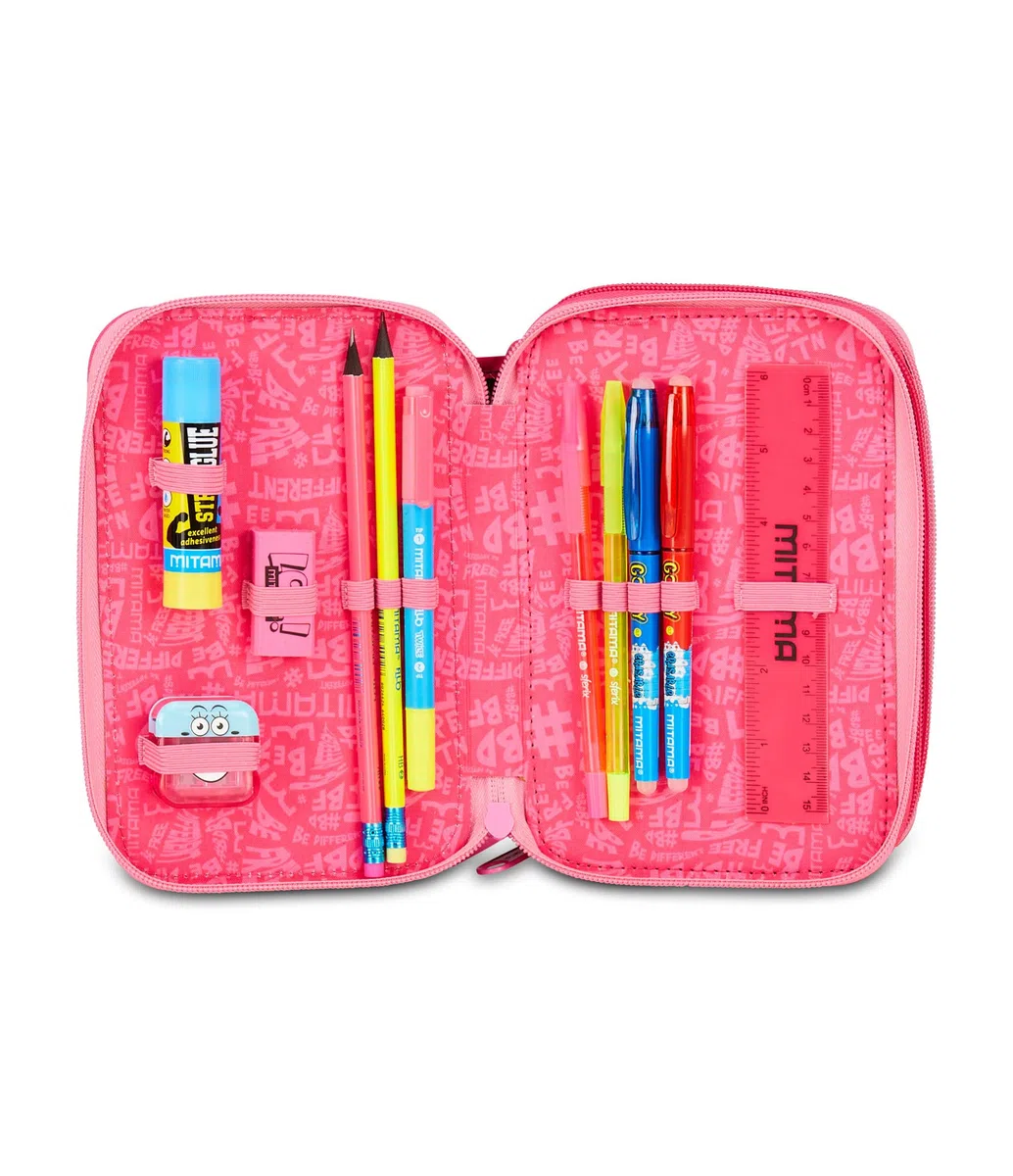 Mitama Astuccio Scuola 3 Scomparti, TRIPLO FURRYPINK, Contenuto 47 pz, Completo di Matite, Pennarelli, Portapenne Scuola Elementare Bambina