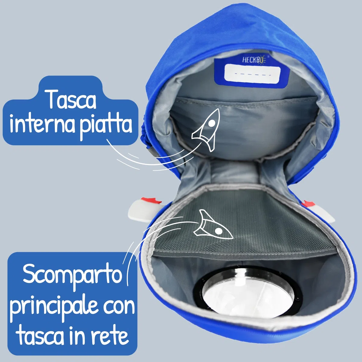 HECKBO Zaino per Bambini con Razzo o Unicorno con Oblò - Asilo Nido, Scuola e Tempo Libero - Borsa, Zaino da ginnastica, Zainetto per Bambini e Bambine