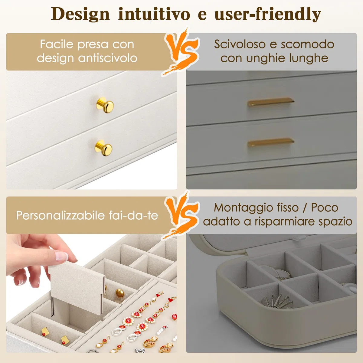 Grande Scatola Portagioie Donna 3 Livelli – Organizer Gioielli Elegante con 24 Scomparti – Custodia per Anelli, Collane e Bracciali con Coperchio Trasparente – Regalo Perfetto per Donna (Bianco)