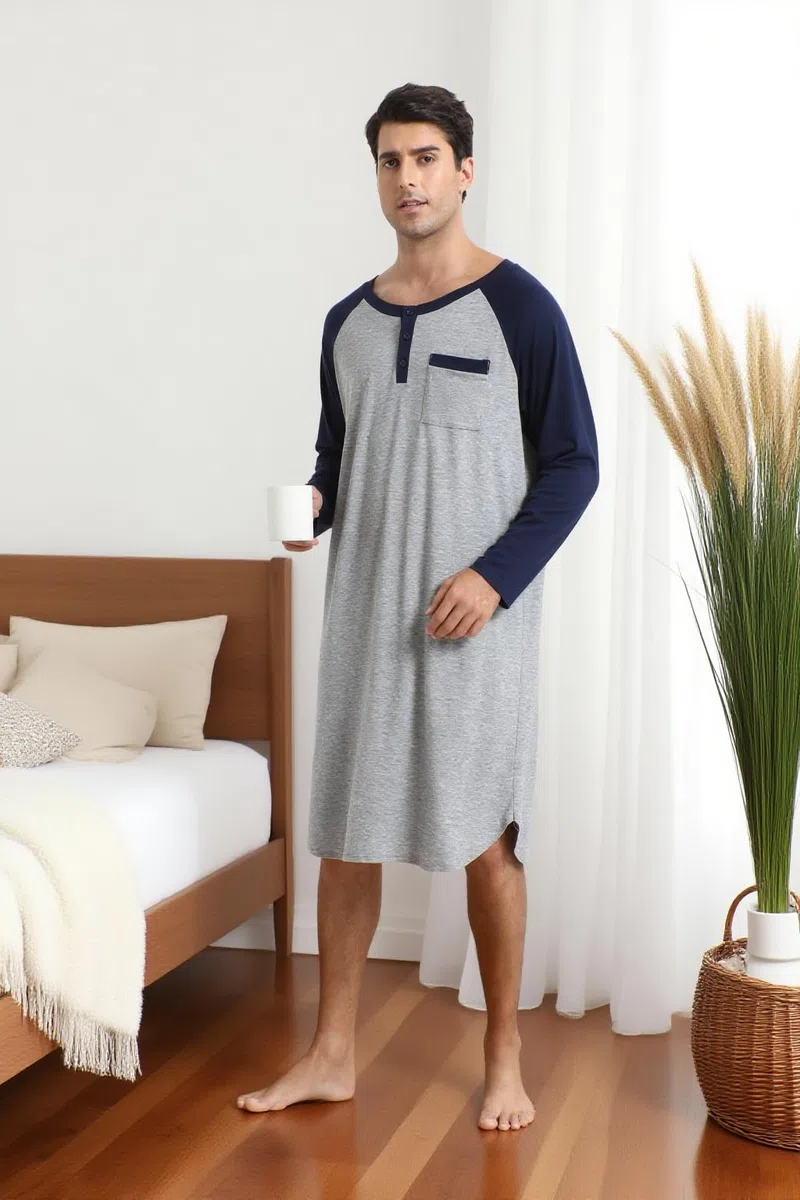 Enjoyoself Maglie Pigiama da Uomo in Cotone Maniche Lunghe Camicie da Notte per Primavera Autunno
