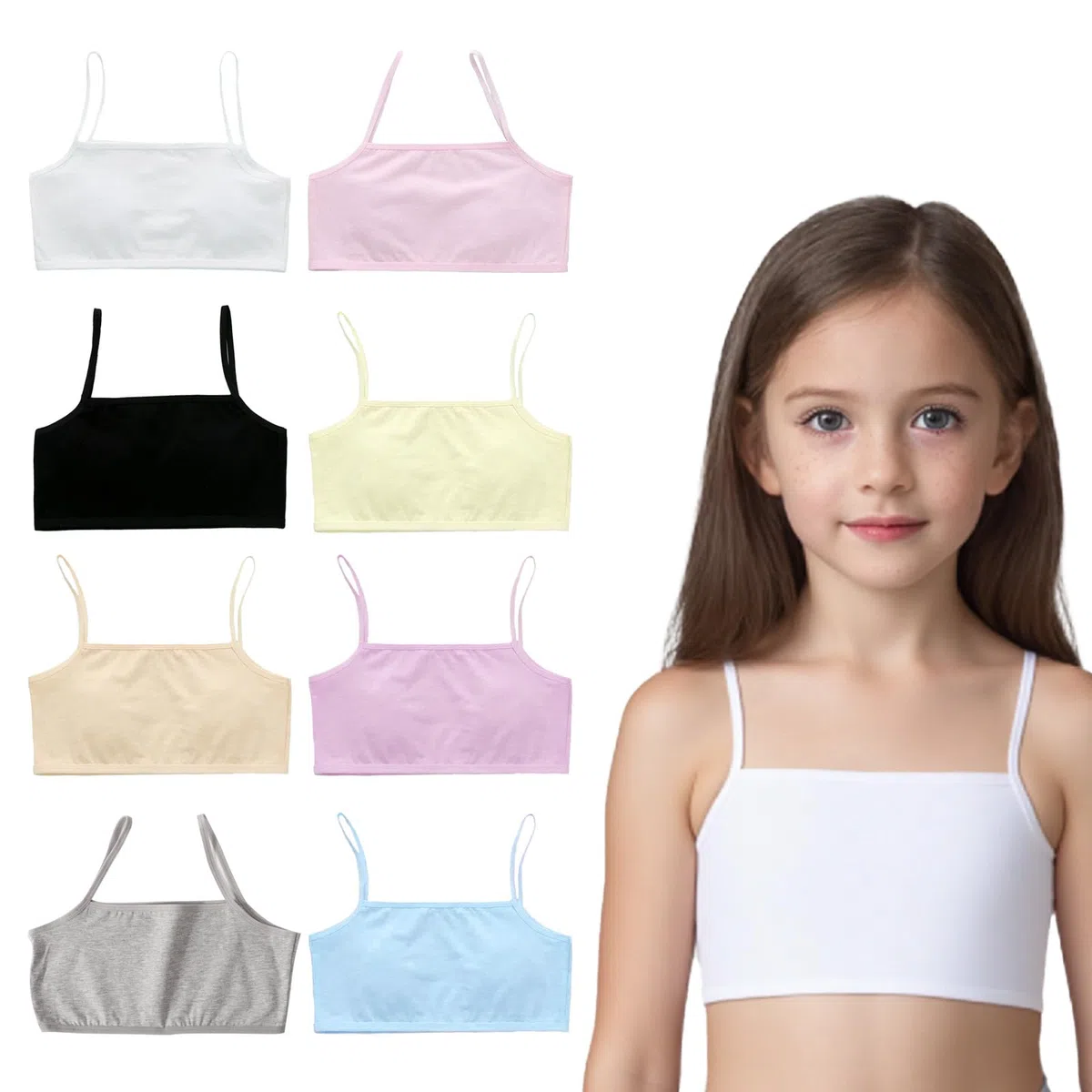 Confezione da 8 reggiseni sportivi per ragazze, morbidi e confortevoli, in cotone, per ragazze, non imbottiti, per allenamento, primi reggiseni per bambini e adolescenti, età 8-12 anni