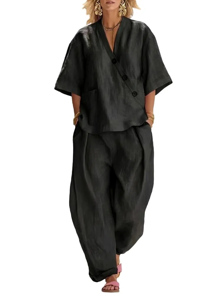 shownicer Completo Donna Lino Tuta Estiva 2 Pezzi Set Maniche Corte Top E Pantaloni Curvy Completo in Lino Due Pezzi Set Completi Tute