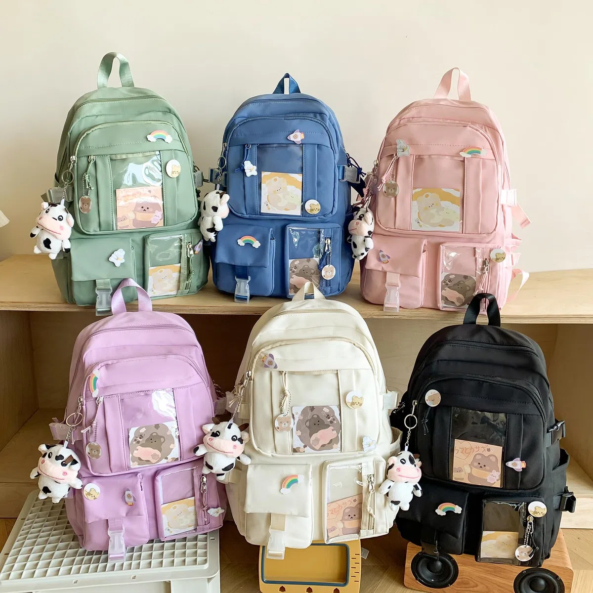 Zaino Kawaii con Accessori Graziosi Pin, Kawaii Peluche Giocattolo Animale Pin e Carta dei Cartoni Animati, Kawaii Backpack, Zaino Scolastico