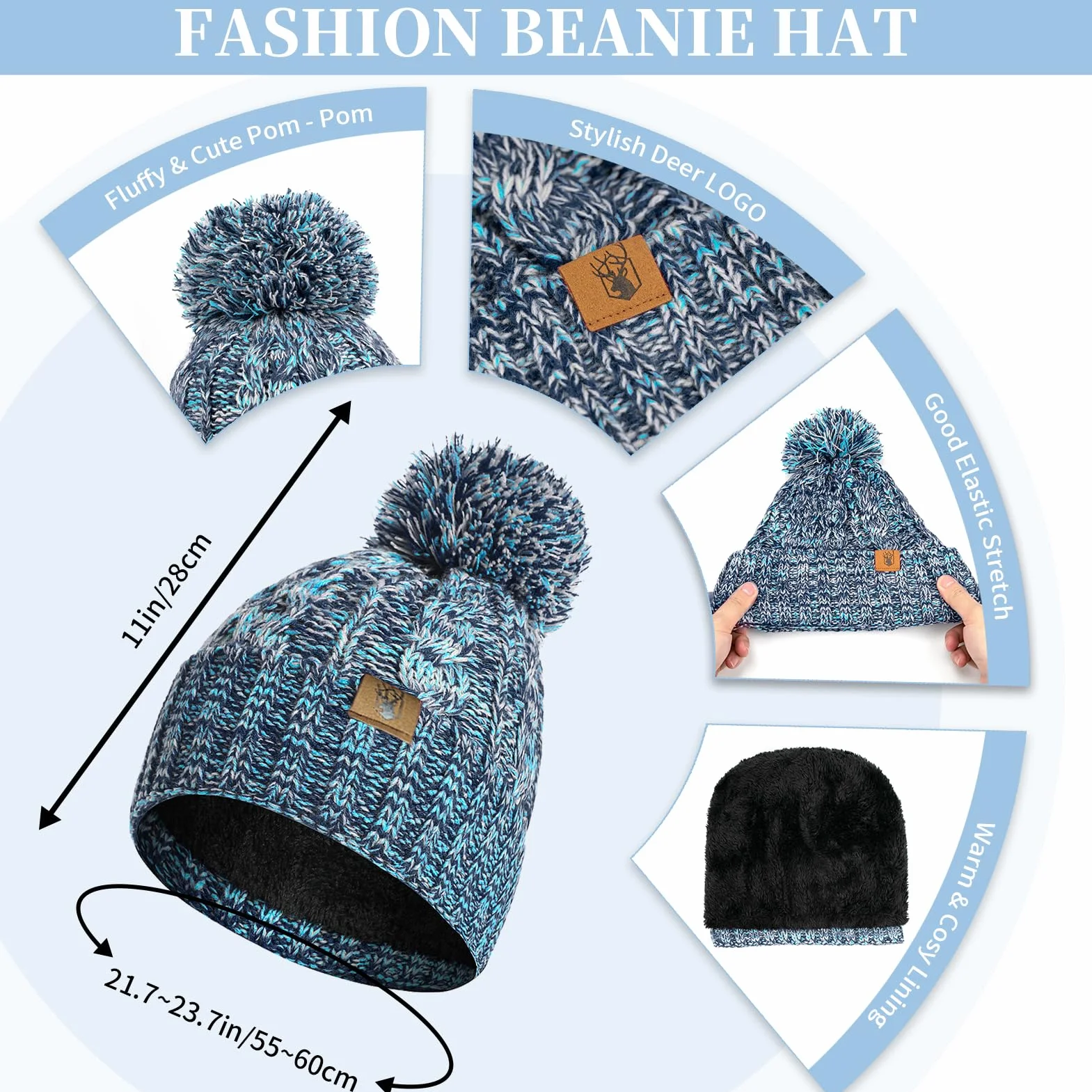 Cappello Sciarpa Donna Invernale e Guanti Touch Screen Invernali 3 Pz Berretto con Pompom e Sciarpa con Frange Guanti Termici