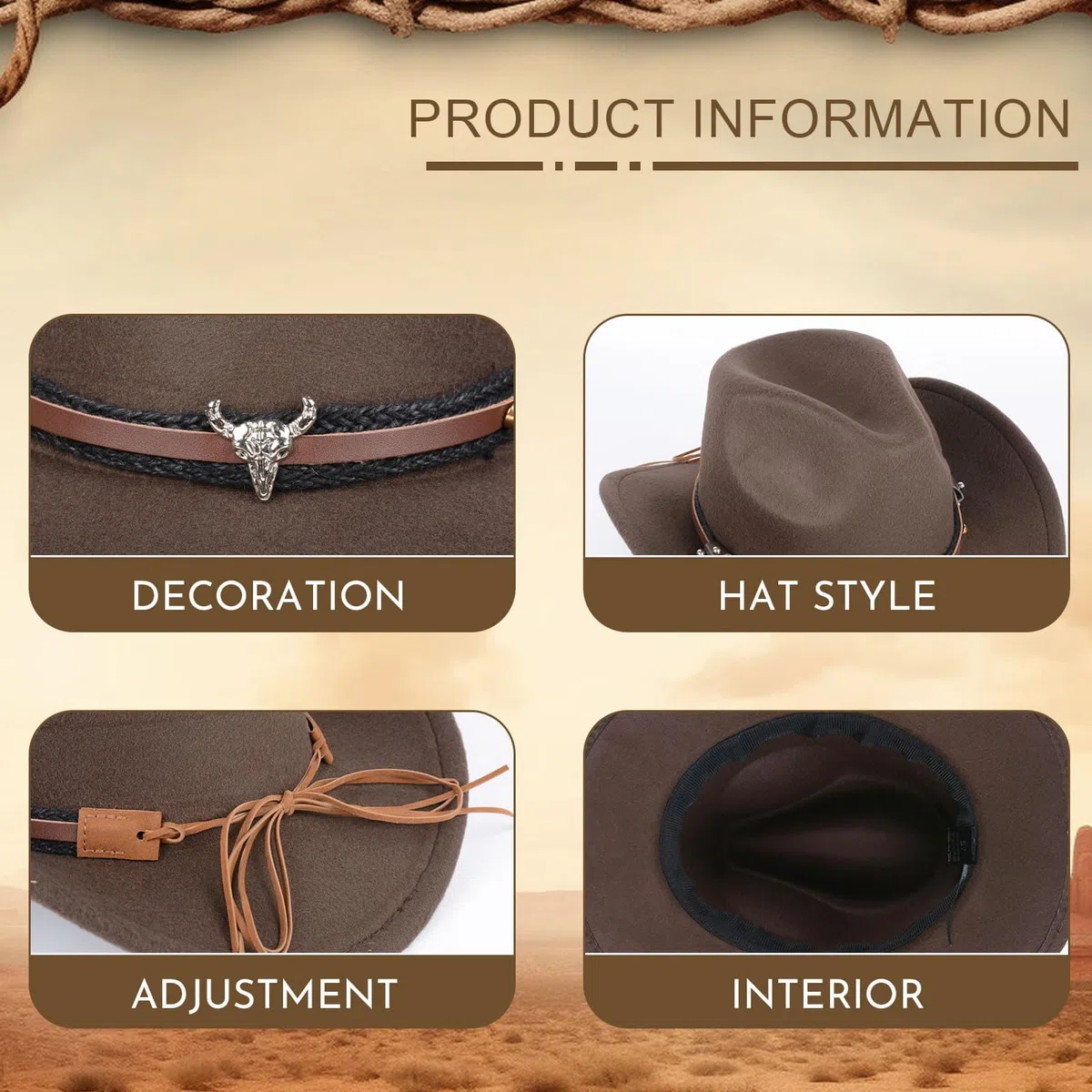 Cappello da Cowboy per Donne e Uomini, Cappelli da Cowgirl in Finta Pelle e Feltro con Tesa Larga per Esterni con Cinturino, Marrone