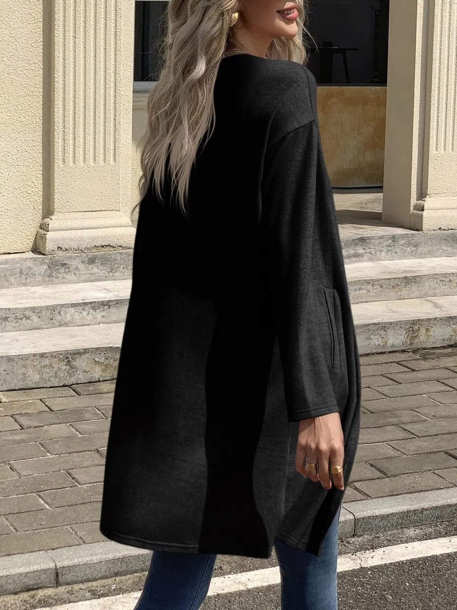 Fisoew Cardigan da donna, aperto, a maniche lunghe, leggero, lavorato a maglia, lungo, con tasche