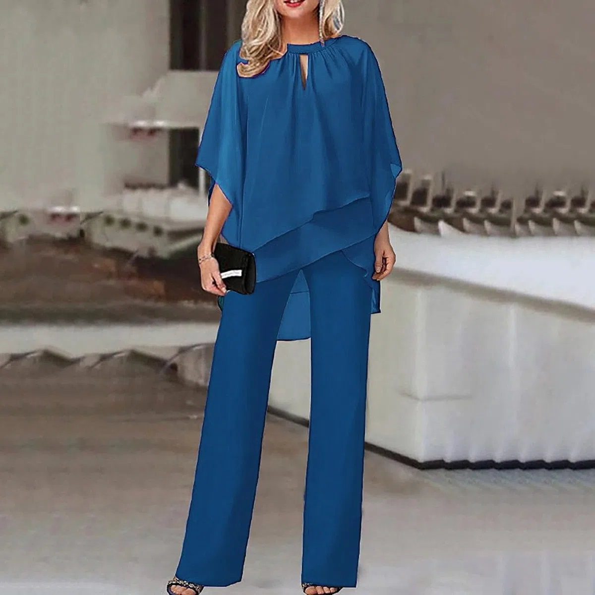 Tuta Donna Elegante Cerimonia 2 Pezzi Completi di Pantaloni a Gamba Larga Moda Vestito Casual Completi Senza Maniche Tinta Unita Set Completo Sexy Formale Playsuit Chic per Matrimoni e Feste