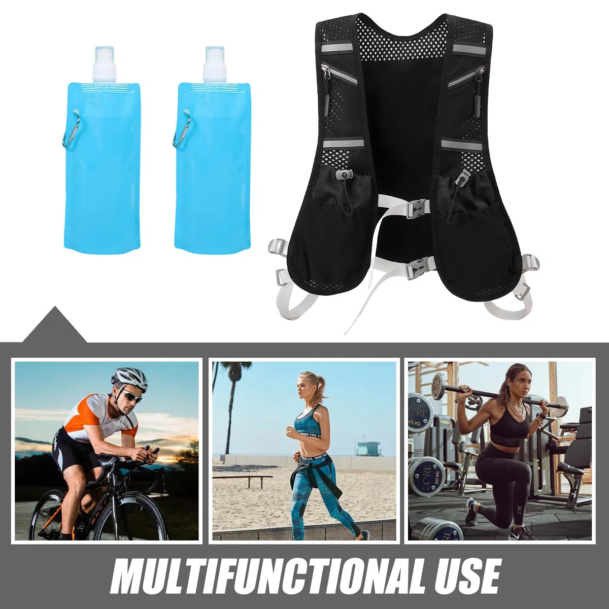 Wyety, Gilet da Corsa per Uomo e Donna con Zaino Riflettente Ultraleggero, 2 Bottiglie d'Acqua da 480 ml, Regolabile per Ciclismo, Maratone, Nero