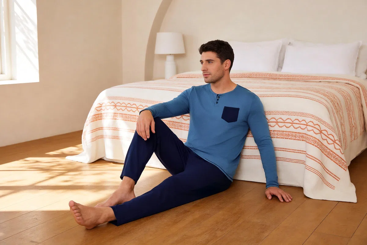 Bresdk Pigiama Invernale Uomo Cotone Lungo Abbigliamento da Casa Pigiami Lunghi con Bottoni Maglia Henley a Maniche Lunghe