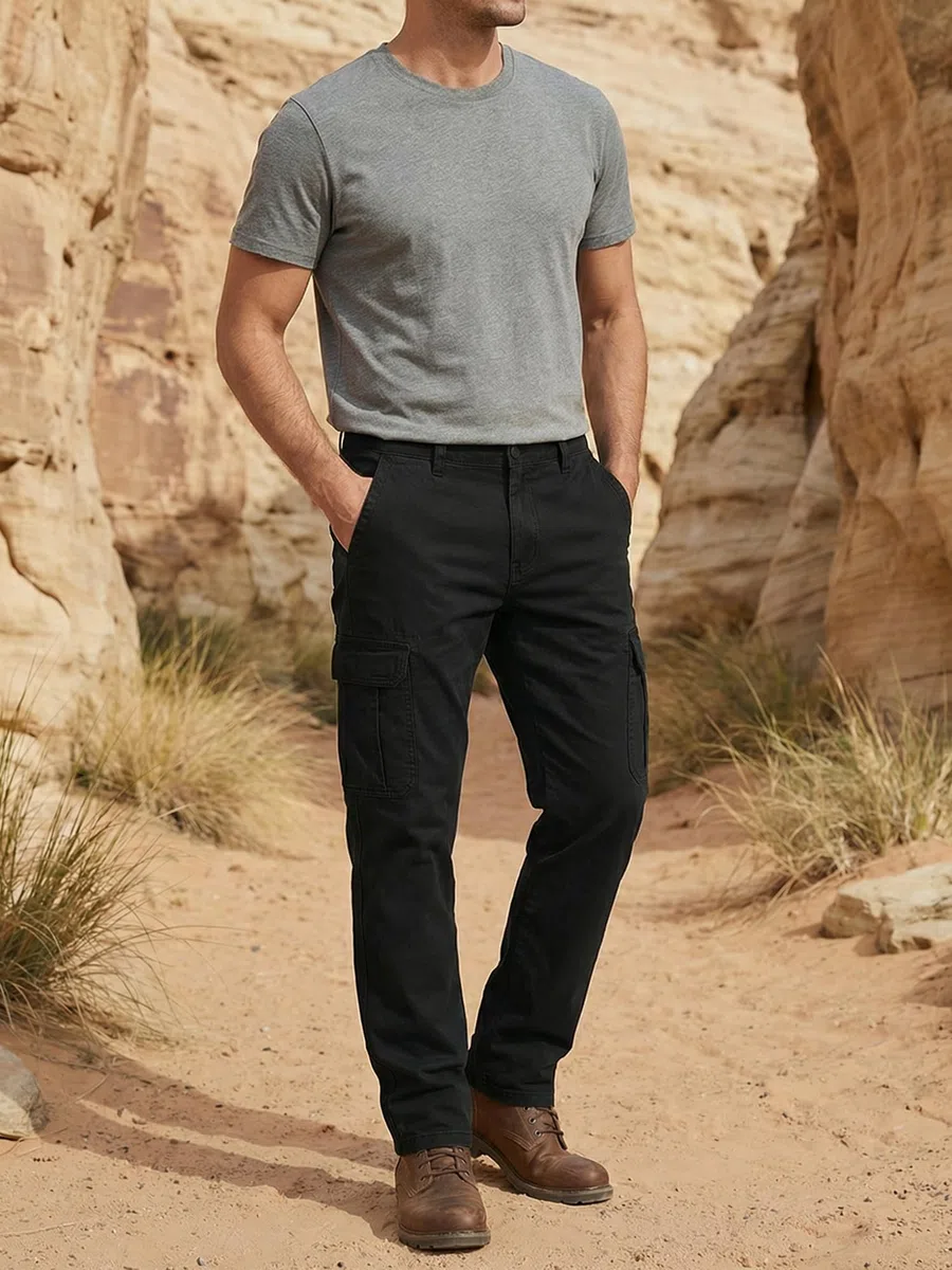 Runcati Pantaloni da uomo, vestibilità normale, pantaloni cargo da uomo, tinta unita, casual, in cotone, elastico in vita, pantaloni sportivi per attività all'aria aperta, con tasche