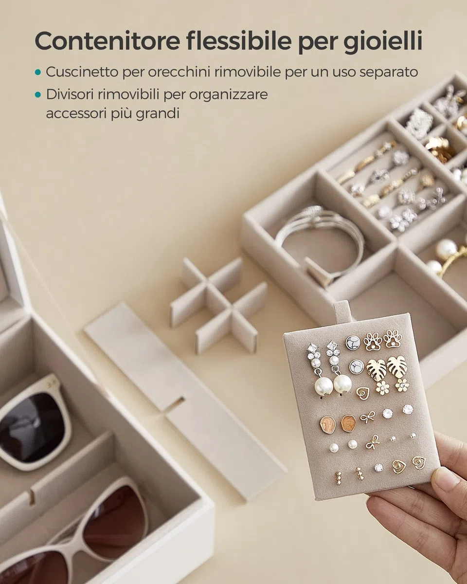 SONGMICS Scatola Portagioie a 2 Livelli, Porta Gioielli con Maniglia, Vassoio Rimovibile, Effetto Fluttuante, 20,5 x 24 x 11 cm, Idea Regalo, Bianco JBC165W01