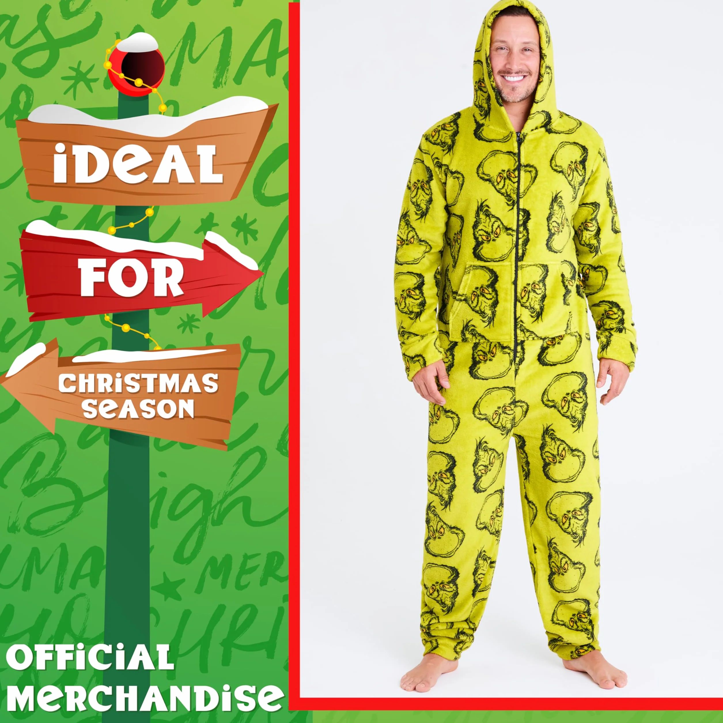 The Grinch Pigiama Intero Uomo con Cappuccio, Soffice Tuta Intera - Regalo Uomo e ADO